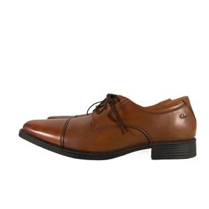 Clarks Tilden Cap Toe Dark Tan Leather Oxfords Rubber Sole Men's Shoes Size 10